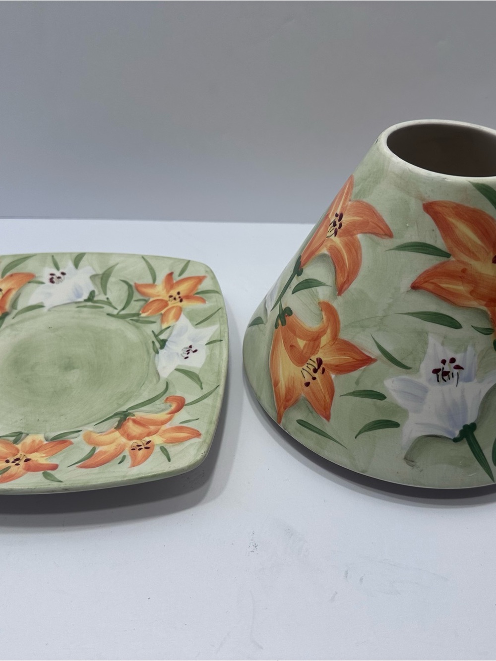 Yankee Candle Orange White Green Floral Jar Shade Porcelain Topper & Plate EUC